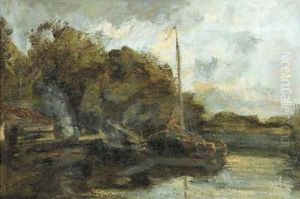 Moored sailing barges along a canal