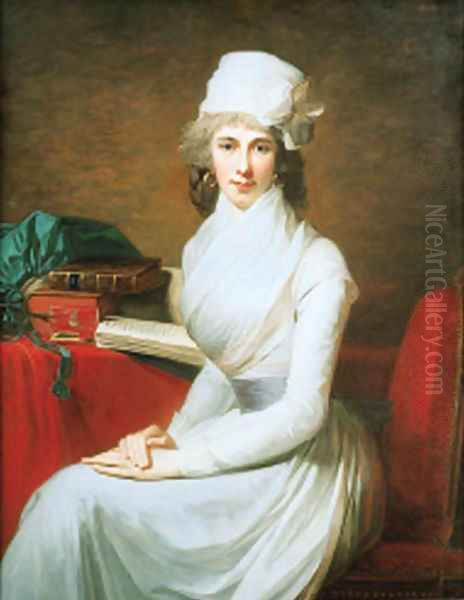 Portrait of Mrs. Henry Pelham, seated three-quarter-length, in a white dress and a white hat, before a table with books - view 1