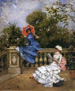 Two Ladies Conversing on a Terrace by Francisco Miralles Galup