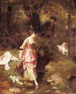 A Young Beauty Crossing a Brook with a Hunter Beyond by Emile Pierre Metzmacher