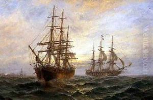 Two Ships Passing at Sunset by Claude T. Stanfield Moore