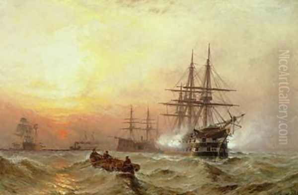 Man-o-War firing a salute at sunset - view 1