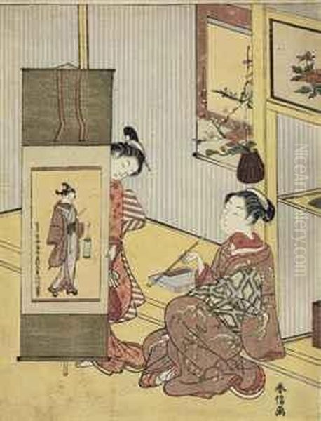 Admiring A Picture Of A Dandy By Okumura Masanobu - view 1