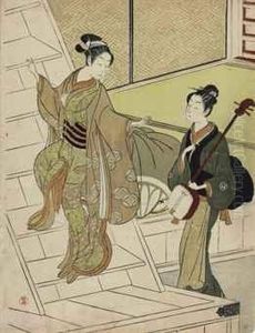 Geisha And Her Maid With Shamisen by Suzuki Harunobu