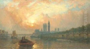 The Oxford and Cambridge Boat Race at Westminster by Claude T. Stanfield Moore