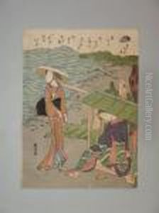Deux Jeunes Femmes Pres D'un Kago by Suzuki Harunobu