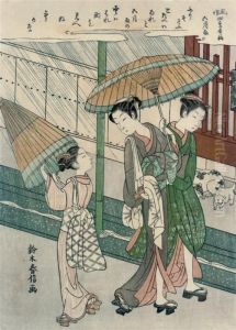 Three Women Walking N The Rain With Parasols