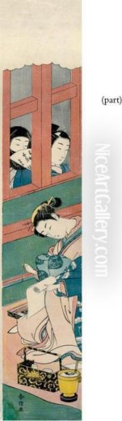 A Woman Writing While Two Figures Observe - view 1