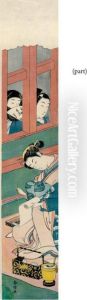 A Woman Writing While Two Figures Observe