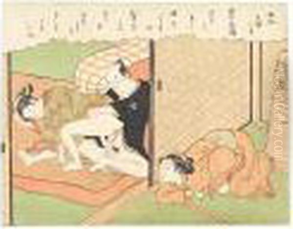 An Old Woman Crouched Behind A Fusuma Spying On A Young Couple Making Love - view 1