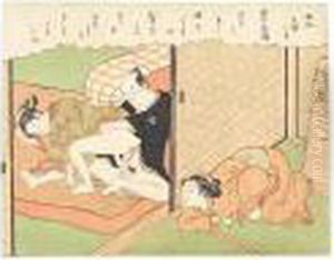 An Old Woman Crouched Behind A Fusuma Spying On A Young Couple Making Love by Suzuki Harunobu