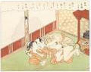 An Older Woman Crouched Behind A Partially Open Shoji Spying Upon A Couple Making Love by Suzuki Harunobu