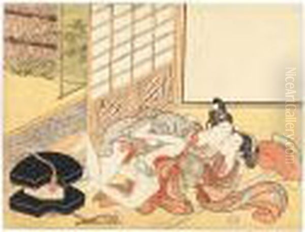 An Ogiuri (fan Vendor) Making Love To A Young Girl In Front Of A Shoji
Screen - view 1