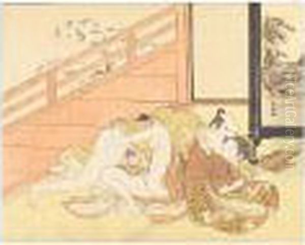 A Couple Making Love In
An Interior Opening To A Verandah, The Young Girl Trying To Thwart
The Advances Of The Man Seducing Her - view 1