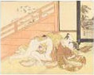 A Couple Making Love In
An Interior Opening To A Verandah, The Young Girl Trying To Thwart
The Advances Of The Man Seducing Her by Suzuki Harunobu