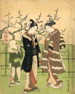 Jeune Femme Allumant Sa Pipe A La Pipe D'un Samourai by Suzuki Harunobu