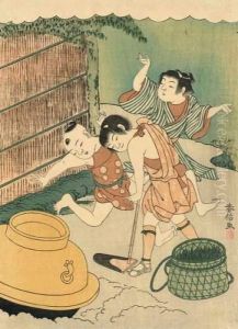 Trois Enfants Jouant Devant Un Panier. by Suzuki Harunobu