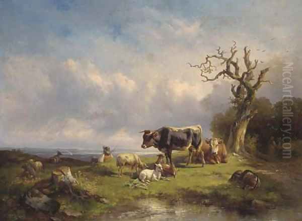 A herdsman with cattle and sheep in a landscape - view 1