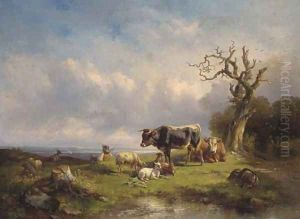 A herdsman with cattle and sheep in a landscape by Edmund Mahlknecht