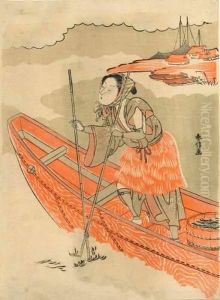 Le Pecheur De Goemon Dirige Sa Barque Vers Un Village. by Suzuki Harunobu
