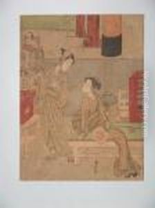 Une Jeune Femme Et Un Marchand Ambulant D'eventails