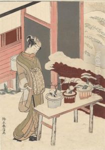 A Courtesan About To Trim Some Snow-covered Bonsai Trees by Suzuki Harunobu