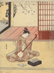 A Woman Playing A Shamisen by Suzuki Harunobu