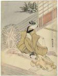 A Beauty Spinning Thread While Her Maid Prepares The Flax by Suzuki Harunobu