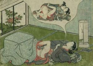 Liegendes Madchen, Vom Liebesakt Traumend, Rechts Eine Lampe. by Suzuki Harunobu