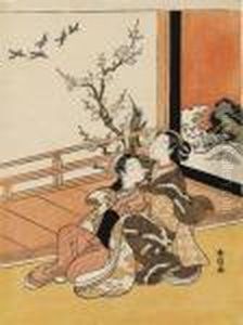 Two
Bijin
Looking At Birds From A Veranda, Signed
Harunobu Ga
, Good Impression, Slight Fading And Light Creasing by Suzuki Harunobu