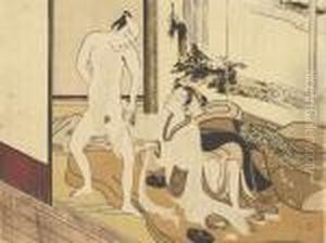 A Courtesan Assisting A Man With
 His Loin Cloth, Unsigned, Fine Impression, Gauffrage, Good Colour And 
Condition, Slight Wear To Right-hand Edge