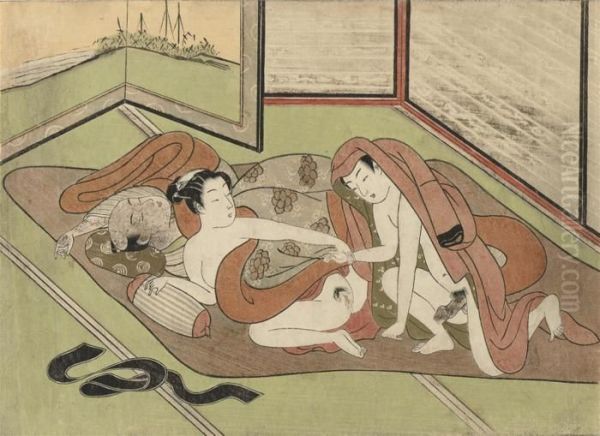 Circa 1768
A
Chuban
Print Showing A Young Man, Being Invited By A Woman, An Older Lover
Sleeps Under The Blankets, Very Good Impression, Good Colour And
Condition, Slightly Faded, Some Minor Creases, A Restoration In The Top
Left Corner - view 1
