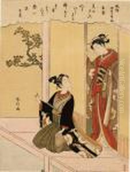 From The Series Fuzoku Shiki 
Kasen [popular Poets Of The Four Seasons], Standing Within The Open 
Shoji Of A House, A Girl Looks Down On Her Young Lover Who Is Kneeling 
On The Engawa - view 1