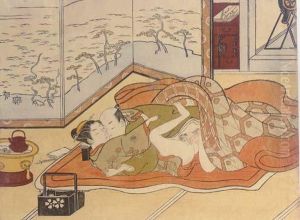 Five Erotic Prints: A Couple 
Making Love In An Interior Before Ascreen Depicting Trees At Water's 
Edge