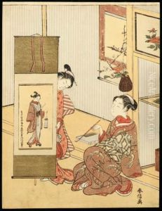 A Kamuro Showing A Hanging
Scroll Of A Young Man Carrying A Lanternto A Smoking Courtesan A Kamuro Showing A Hanging
Scroll Of A Young Man Carrying A Lanternto A Smoking Courtesan