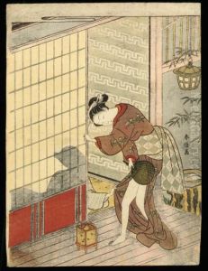A Beauty On A Veranda Hiding Her
Thighs With A Fan As A Man Seen Insilhouette In An Interior Pulls Her
Skirt by Suzuki Harunobu