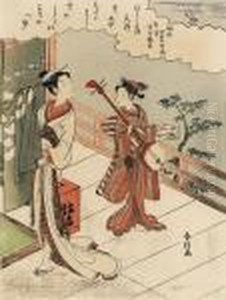 Chuban ; Uzuki, Ungai Kakko ,
From The Series Fuzoku Shiki Kasen, A Courtesanon A Veranda Turning Back
To Watch A Cuckoo In Flight, Her Kamuronearby Holding A Shamisen And A
Book, Signed Harunobu Ga--fineimpression, Good Color Though Slightly
Fade - view 1