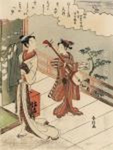 Chuban ; Uzuki, Ungai Kakko , 
From The Series Fuzoku Shiki Kasen, A Courtesanon A Veranda Turning Back
 To Watch A Cuckoo In Flight, Her Kamuronearby Holding A Shamisen And A 
Book, Signed Harunobu Ga--fineimpression, Good Color Though Slightly 
Fade