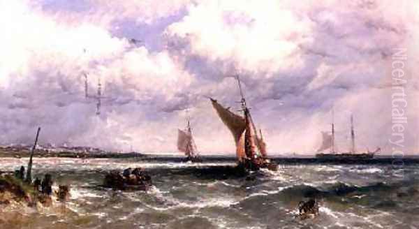 Fishing Boats Coming into Shore with a Two-Master at Anchor Beyond - view 1