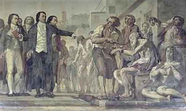 Philippe Pinel 1745-1826 releasing lunatics from their chains at the Bicetre asylum in Paris in 1793 - view 1