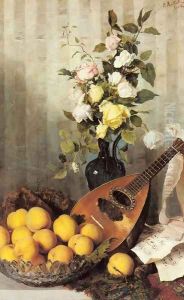 A Still Life with a Vase of Roses, a Bowl of Peaches and a Mandolin by Angelo Martinetti