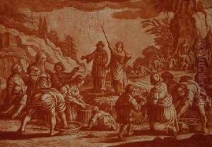 The Israelites Gathering Manna illustration from a Bible by Matthaus, the Younger Merian