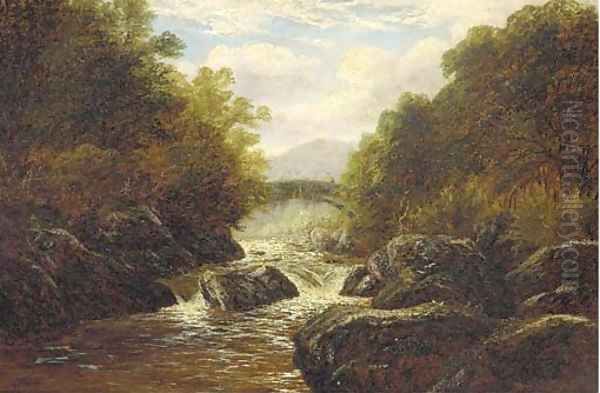 A figure on a bridge in a rocky river landscape - view 1