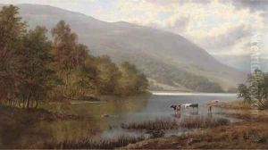 Cattle watering in a river landscape by William Mellor