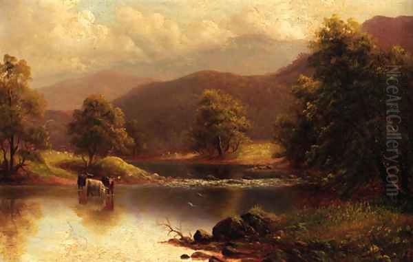 Cattle watering in a tranquil river landscape - view 1