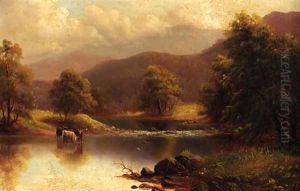 Cattle watering in a tranquil river landscape by William Mellor