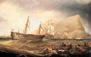 HMS Victory being towed into Gibraltar by HMS Neptune after the battle of Trafalgar