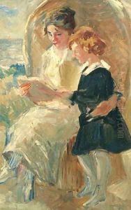 A lady seated in a wicker beach chair reading with a girl by Willem Maris