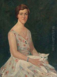 Portrait of Mies in a summer dress with a cat on her lap by Willem Maris