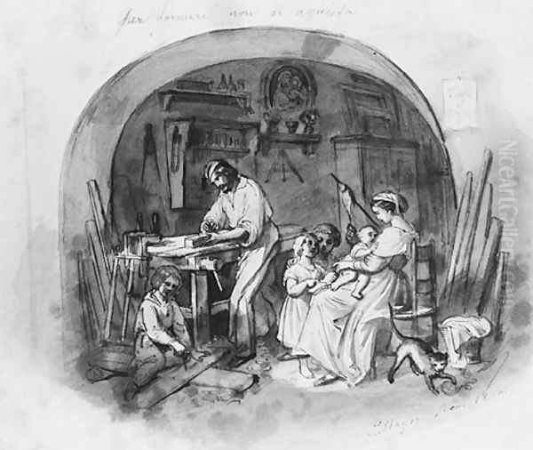 Interior Setting: Carpenter at Work with Family (from Cropsey Album) - view 1
